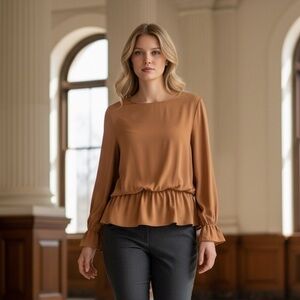 Zenana Women’s Blouse L/S Peplum Camel Gathered Waistline Size-S EUC